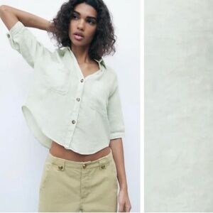 Zara 100% Linen Women's Light Green Button-Up Cropped Top size L